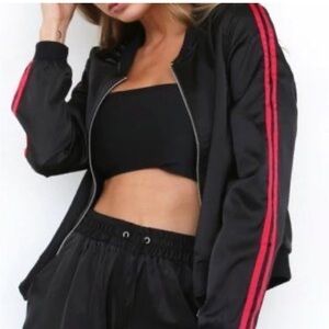I.am.Gia black bomber jacket women’s XS cropped full zip red side stripe arms